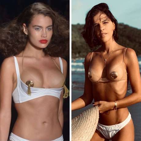 Modelo usa o biquíni no desfile e Mariana Rios veste a peça na praia Fotos: AgNews/Reprodução/Instagram)