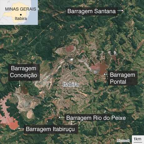 Mapa mostrando a cidade de Itabira, cercada por barragens Mapa mostrando a cidade de Itabira, cercada por barragens