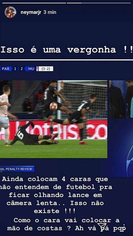 Postagem de Neymar xingando a arbitragem após eliminação do PSG Postagem de Neymar xingando a arbitragem após eliminação do PSG