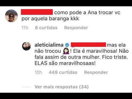 Leticia Lima repreende crítica de internauta à atual namorada de Ana Carolina Leticia Lima repreende crítica de internauta à atual namorada de Ana Carolina
