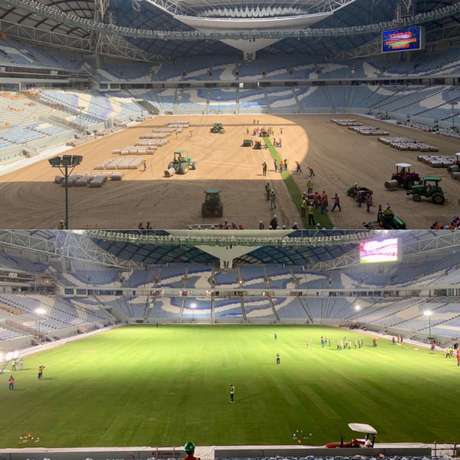Qatar quebra recorde na instalação do gramado em estádio da Copa (Foto: Reprodução / Twitter) Qatar quebra recorde na instalação do gramado em estádio da Copa (Foto: Reprodução / Twitter)
