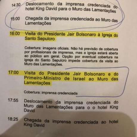 Itamaraty divulgou cronograma da visita de Jair Bolsonaro a Israel Itamaraty divulgou cronograma da visita de Jair Bolsonaro a Israel