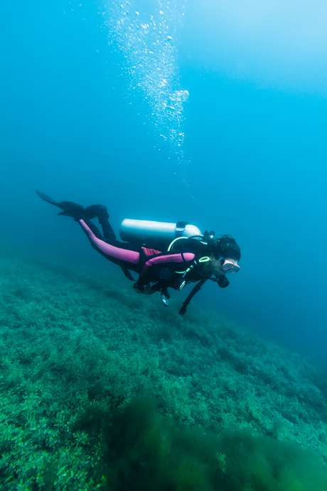 Mergulhador sobre casco de naufrágio Mergulhador sobre casco de naufrágio