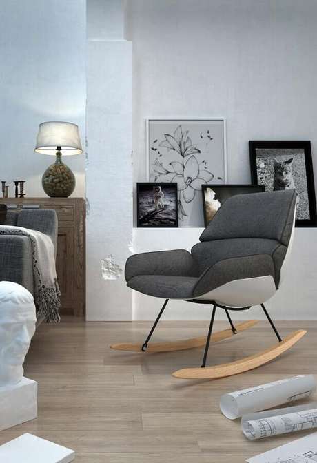 29. Cadeira de balanço moderna para decoração de sala cinza – Foto: Pinosy 29. Cadeira de balanço moderna para decoração de sala cinza – Foto: Pinosy