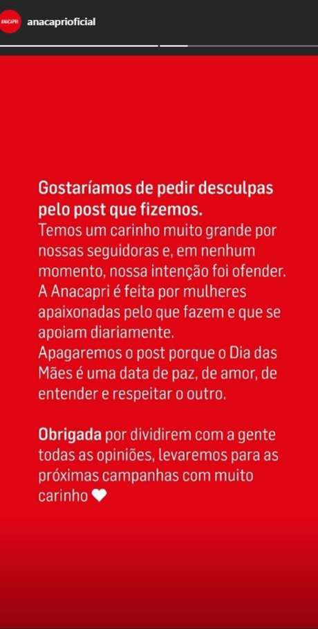 Pedido de desculpas da marca Anacapri após polêmica envolvendo campanha do Dia das Mães com os termos 'mãe de planta' e 'mãe de bola'.