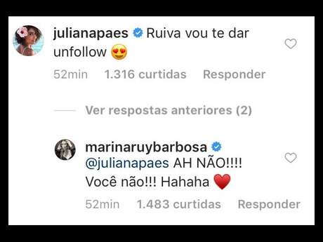 Juliana Paes brinca ao comentar foto de Marina Ruy Barbosa Juliana Paes brinca ao comentar foto de Marina Ruy Barbosa