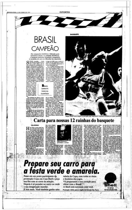 Reprodução da matéria publicada pelo Estadão no dia 13 de junho, dia seguinte ao título da seleção Reprodução da matéria publicada pelo Estadão no dia 13 de junho, dia seguinte ao título da seleção