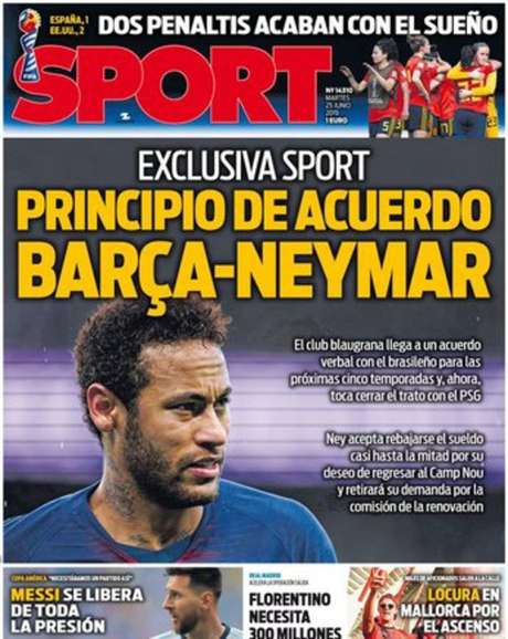 Capa do jornal Sport anuncia acordo entre Neymar e o Barcelona. Falta acordo com o PSG Capa do jornal Sport anuncia acordo entre Neymar e o Barcelona. Falta acordo com o PSG