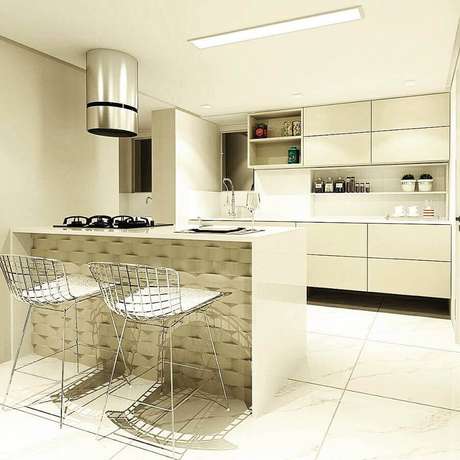 61. Decoração moderna para cozinha compacta branca e exaustor redondo de inox