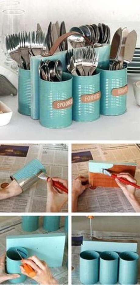 9. Porta talher com lata, DIY baratinhos para decorar sua casa. Fonte: Pinterest 9. Porta talher com lata, DIY baratinhos para decorar sua casa. Fonte: Pinterest