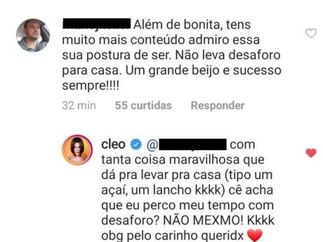 Cleo se diverte com comentário de fã que a apoiou Cleo se diverte com comentário de fã que a apoiou