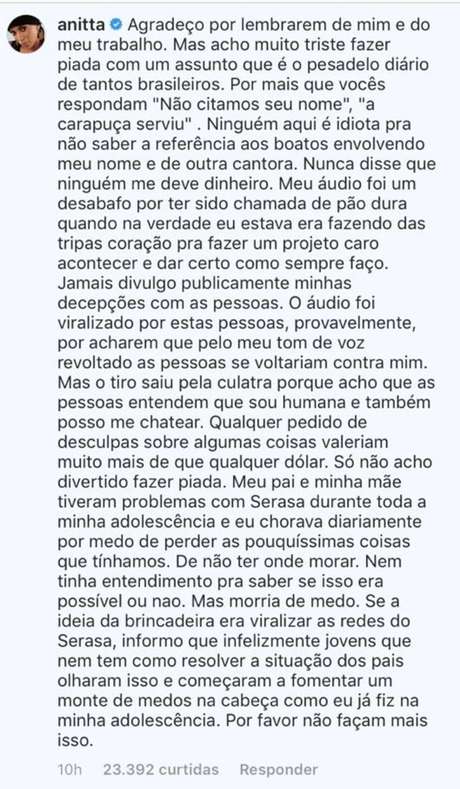 A resposta de Anitta no perfil da Serasa Consumidor no Instagram. A resposta de Anitta no perfil da Serasa Consumidor no Instagram.