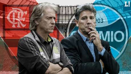 Flamengo de Jorge Jesus enfrenta o Grêmio de Renato neste sábado (Arte: Marcelo Moraes/Lance!)