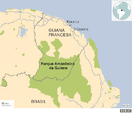 Mapa mostra território da Guiana Francesa com destaque ao Parque Amazônico da Guiana