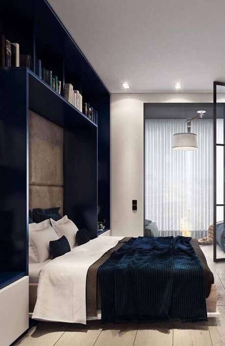 5. Decoração moderna para quarto azul marinho com cabeceira cinza – Foto: Maison Gabriele 5. Decoração moderna para quarto azul marinho com cabeceira cinza – Foto: Maison Gabriele