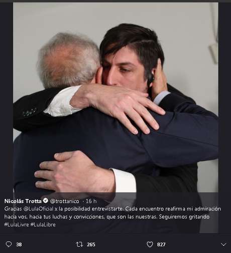 O jornalista Nicolás Trotta postou tweet emocionado a respeito do encontro com Lula O jornalista Nicolás Trotta postou tweet emocionado a respeito do encontro com Lula