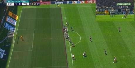 Imagens disponíveis não esclarecem a marcação de impedimento que anulou o gol do rival(Reprodução/Premiere) Imagens disponíveis não esclarecem a marcação de impedimento que anulou o gol do rival(Reprodução/Premiere)