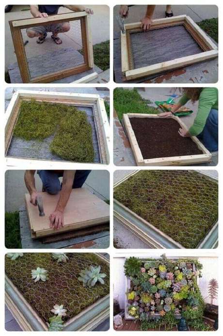 32. Mini tutorial sobre como montar um jardim de suculentas vertical. Fonte: Pinterest 32. Mini tutorial sobre como montar um jardim de suculentas vertical. Fonte: Pinterest