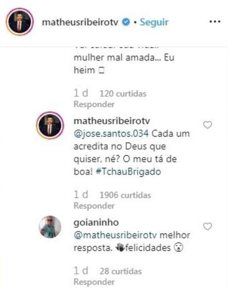 Resposta do jornalista Matheus Ribeiro a um internauta no perfil oficial no Instagram.
