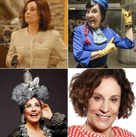 Acima, Stella Miranda caracterizada como Álvara e Almira; abaixo, na pele de Carmem Miranda e ao natural Acima, Stella Miranda caracterizada como Álvara e Almira; abaixo, na pele de Carmem Miranda e ao natural