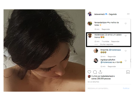 Detalhe no cabelo de Tatá Werneck chamou atenção de internauta: 'Fio branco' Detalhe no cabelo de Tatá Werneck chamou atenção de internauta: 'Fio branco'