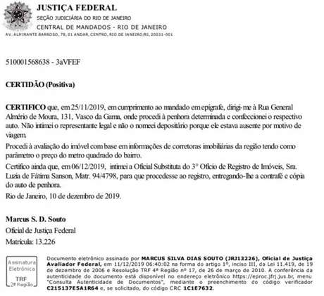 Oficial de Justiça certificou nesta quarta a penhora de SJ neste processo que totaliza cerca de R$ 12 mi (Reprodução)