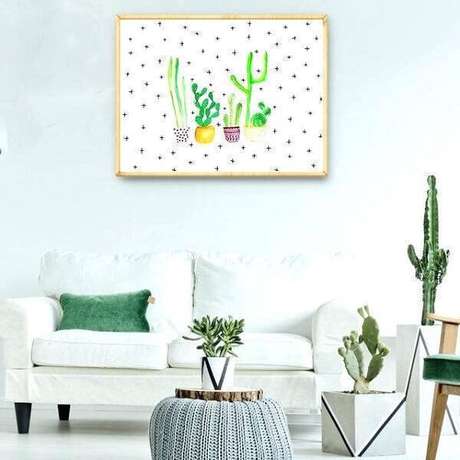 36. Sala de estar clean com diferentes tipos de cactos. Fonte: Pinterest 36. Sala de estar clean com diferentes tipos de cactos. Fonte: Pinterest