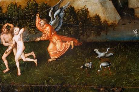 A expulsão de Adão e Eva do Jardim do Éden, depois que tomaram conhecimento de seu estado nu, inspirou muitos artistas, incluindo Lucas Cranach, o Velho.
