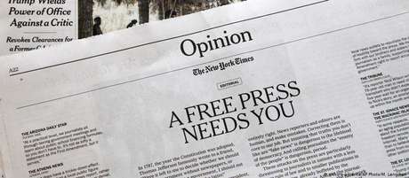 "Uma imprensa livre precisa de você", diz editorial do 'The New York Times' "Uma imprensa livre precisa de você", diz editorial do 'The New York Times'