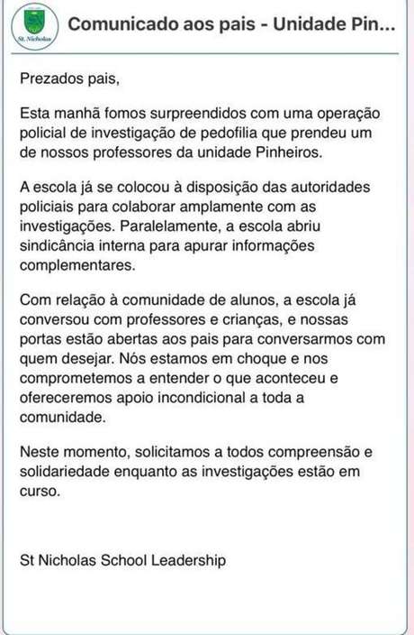 Comunicado enviado aos pais da escola St Nicholas Comunicado enviado aos pais da escola St Nicholas