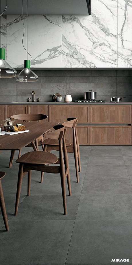 56. Porcelanato cinza combinando com os móveis de madeira – Via: Pinterst 56. Porcelanato cinza combinando com os móveis de madeira – Via: Pinterst