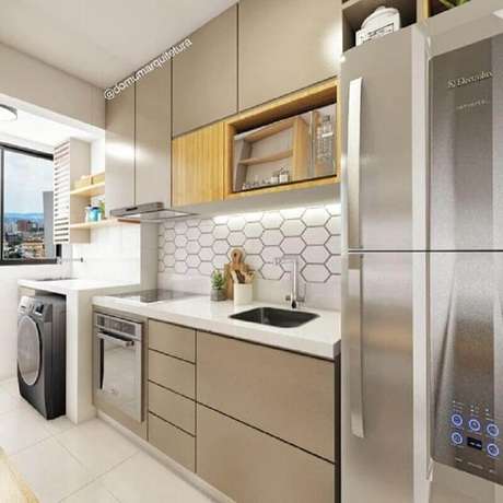 12. Decoração clean para cozinha planejada com lavanderia pequena – Foto: Pinterest 12. Decoração clean para cozinha planejada com lavanderia pequena – Foto: Pinterest