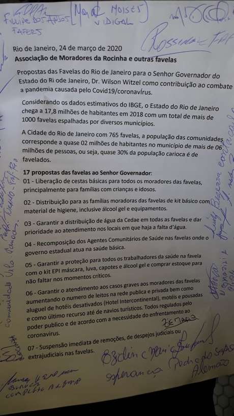 Associações de moradores apresentaram ao governador do Rio, Wilson Witzel, uma lista de propostas para o combate ao coronavírus nas favelas Associações de moradores apresentaram ao governador do Rio, Wilson Witzel, uma lista de propostas para o combate ao coronavírus nas favelas