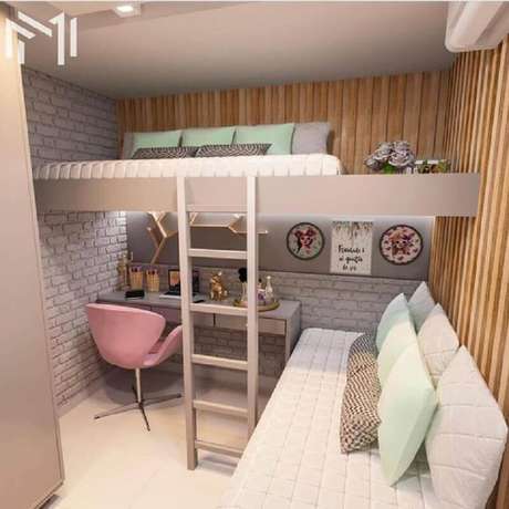 14. Decoração escrivaninha embaixo de cama suspensa para cantinho de estudo feminino em quarto planejado – Foto: Dicas de Mulher 14. Decoração escrivaninha embaixo de cama suspensa para cantinho de estudo feminino em quarto planejado – Foto: Dicas de Mulher