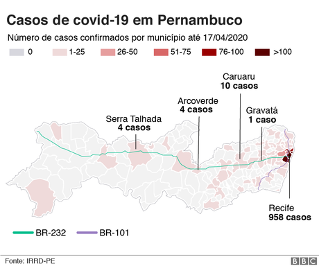 Mapa de Pernambuco mostra o número de casos, que se concentra em Recife e nas cidades ao longo da rodovia