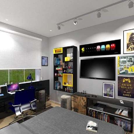 64. Quarto gamer planejado com nichos para organização e trilho de luz – Foto: Home Fashion Trend 64. Quarto gamer planejado com nichos para organização e trilho de luz – Foto: Home Fashion Trend