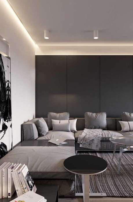 18. Cinza chumbo parede para sala moderna com sofá de canto modulado – Foto: ArchZine 18. Cinza chumbo parede para sala moderna com sofá de canto modulado – Foto: ArchZine