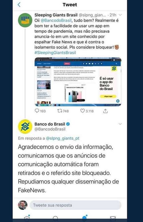 Site alerta BB sobre publicidade em site acusado de disseminar fake news, e BB respondeu ao perfil também pelo Twitter: ‘Repudiamos qualquer disseminação de fake news’ Site alerta BB sobre publicidade em site acusado de disseminar fake news, e BB respondeu ao perfil também pelo Twitter: ‘Repudiamos qualquer disseminação de fake news’