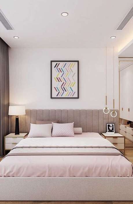 9. Decoração para quarto de casal bonito e moderno com cabeceira cinza estofada – Foto: My Desired Home 9. Decoração para quarto de casal bonito e moderno com cabeceira cinza estofada – Foto: My Desired Home