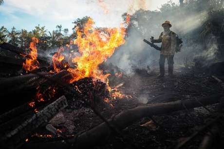 Brigadistas do Ibama combatem incêndio na Amazônia, em setembro de 2019