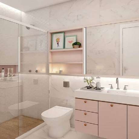 21. Decoração de banheiro planejado na cor rosa pastel e branco com estilo feminino – Foto: Gramho 21. Decoração de banheiro planejado na cor rosa pastel e branco com estilo feminino – Foto: Gramho