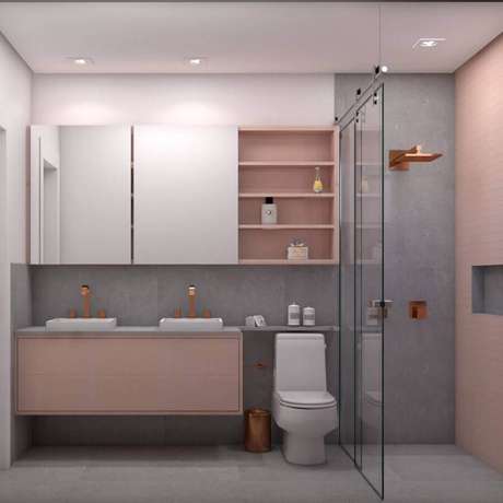 23. Decoração em cinza e rosa pastel para banheiro planejado moderno – Foto: Pinterest 23. Decoração em cinza e rosa pastel para banheiro planejado moderno – Foto: Pinterest
