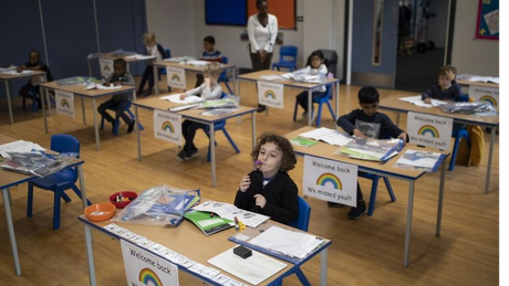 Carteiras viradas para frente, em vez de todos sentados juntos no chão: o novo formato na educação infantil britânica em meio à pandemia Carteiras viradas para frente, em vez de todos sentados juntos no chão: o novo formato na educação infantil britânica em meio à pandemia