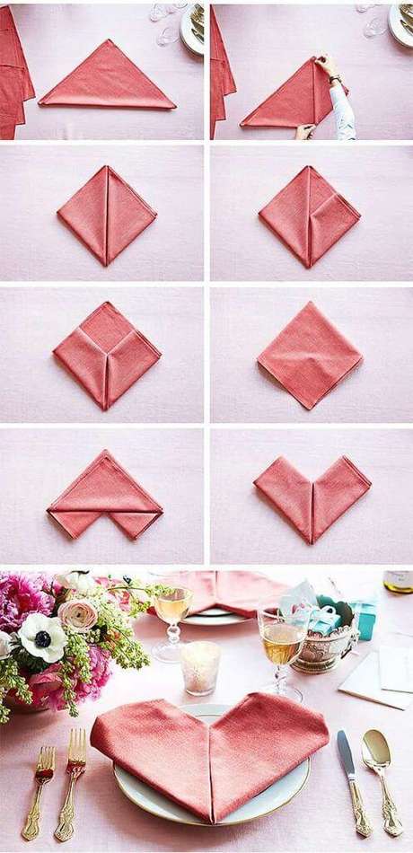 4. Como dobrar guardanapo em formato de coração – Via: Pinterest 4. Como dobrar guardanapo em formato de coração – Via: Pinterest