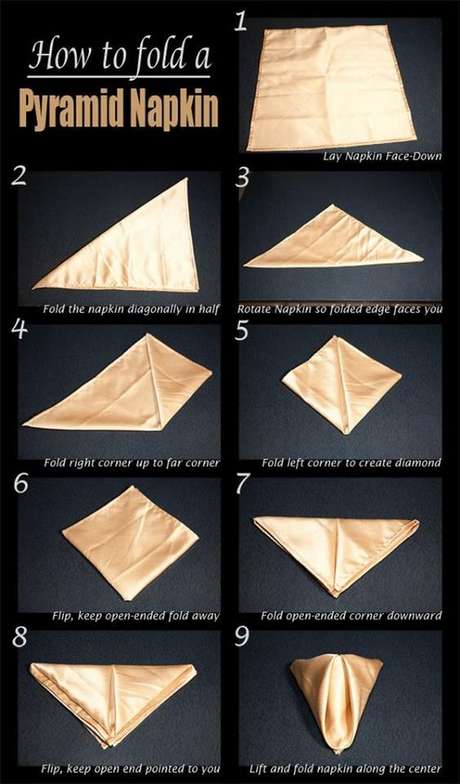 7. Como dobrar guardanapo pirâmide – Via: Pinterest 7. Como dobrar guardanapo pirâmide – Via: Pinterest