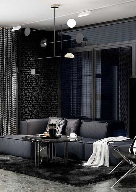 49. Decoração moderna de sala preta e cinza com sofá de canto – Foto: Home Fashion Trend