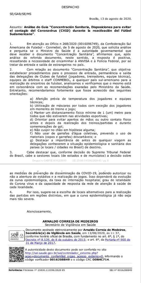 Protocolo sanitário da Conmebol. Protocolo sanitário da Conmebol.