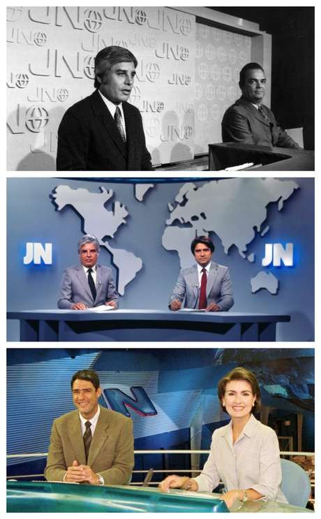 A primeira dupla do JN, Cid Moreira e Hilton Gomes, em 1969; Cid e Sergio Chapelin no início da década de 1980; Bonner e Fátima Bernardes no começo dos anos 2000 A primeira dupla do JN, Cid Moreira e Hilton Gomes, em 1969; Cid e Sergio Chapelin no início da década de 1980; Bonner e Fátima Bernardes no começo dos anos 2000