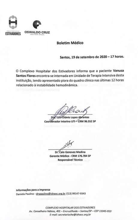 Boletim médico do estado de saúde da cantora Vanusa, divulgado neste sábado (19) Boletim médico do estado de saúde da cantora Vanusa, divulgado neste sábado (19)