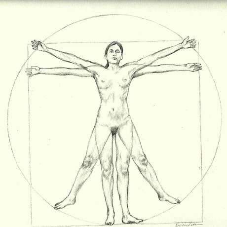 Embora nem Vitrúvio nem Da Vinci tenham mencionado as proporções ideais das mulheres, 1.385 dos participantes escaneados eram do sexo feminino. Com as proporções obtidas foi criada esta imagem. Embora nem Vitrúvio nem Da Vinci tenham mencionado as proporções ideais das mulheres, 1.385 dos participantes escaneados eram do sexo feminino. Com as proporções obtidas foi criada esta imagem.